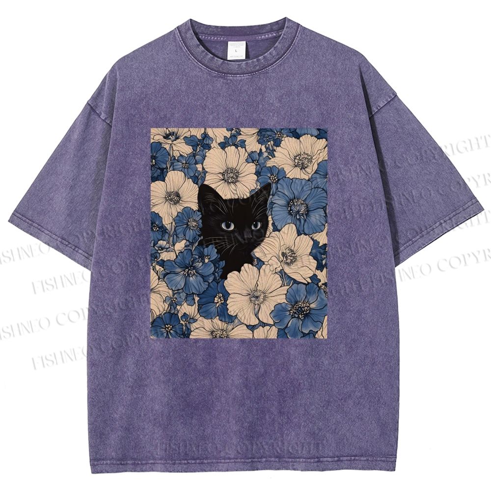 Unisex Cat & Flowers Printed Washed Tee