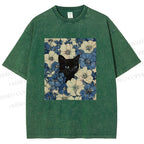Unisex Cat & Flowers Printed Washed Tee