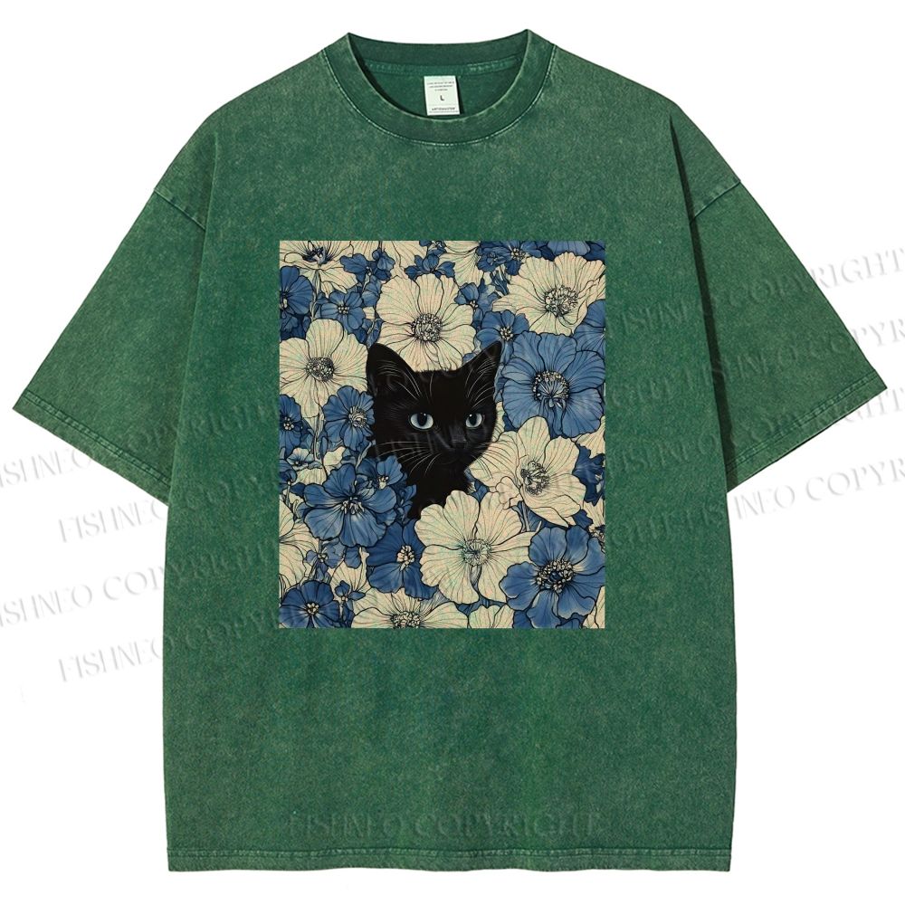 Unisex Cat & Flowers Printed Washed Tee