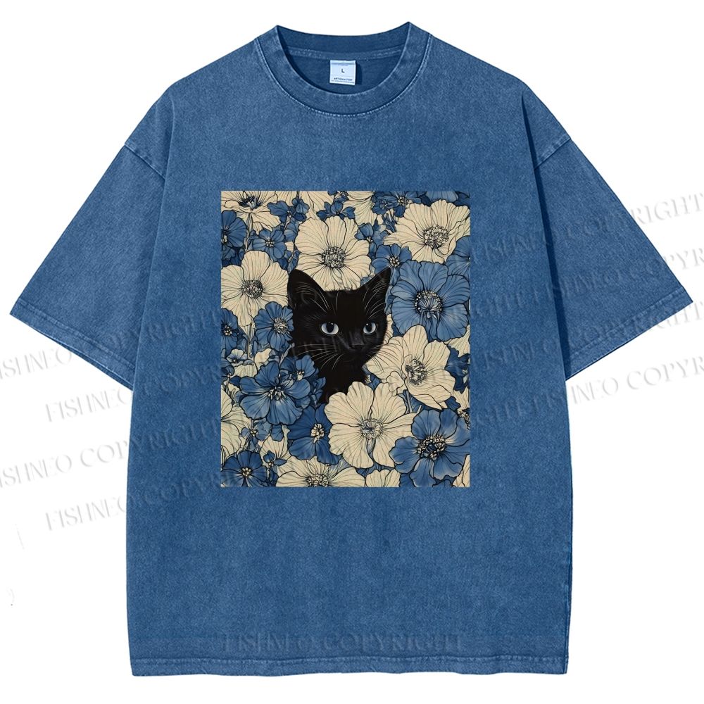 Unisex Cat & Flowers Printed Washed Tee