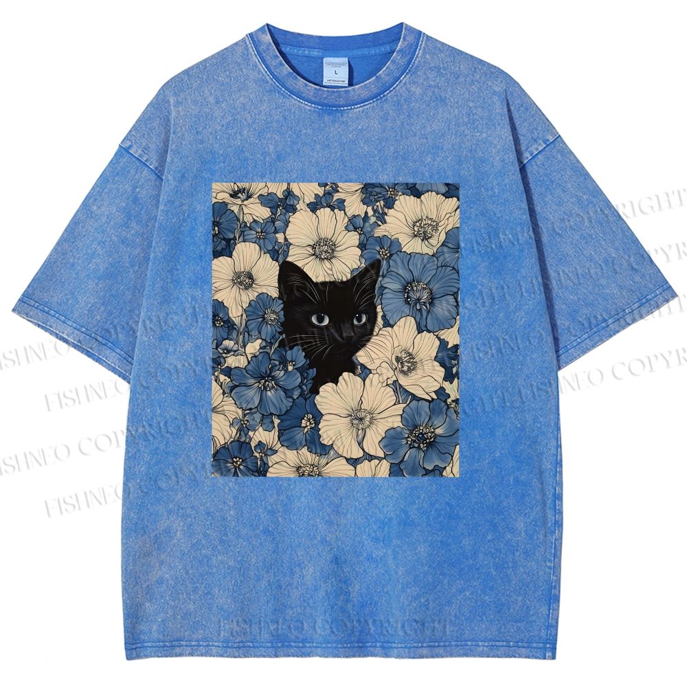 Unisex Cat & Flowers Printed Washed Tee