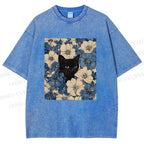Unisex Cat & Flowers Printed Washed Tee
