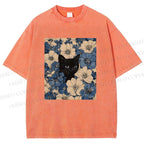 Unisex Cat & Flowers Printed Washed Tee