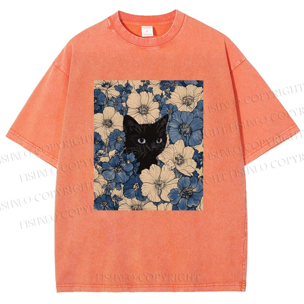 Unisex Cat & Flowers Printed Washed Tee
