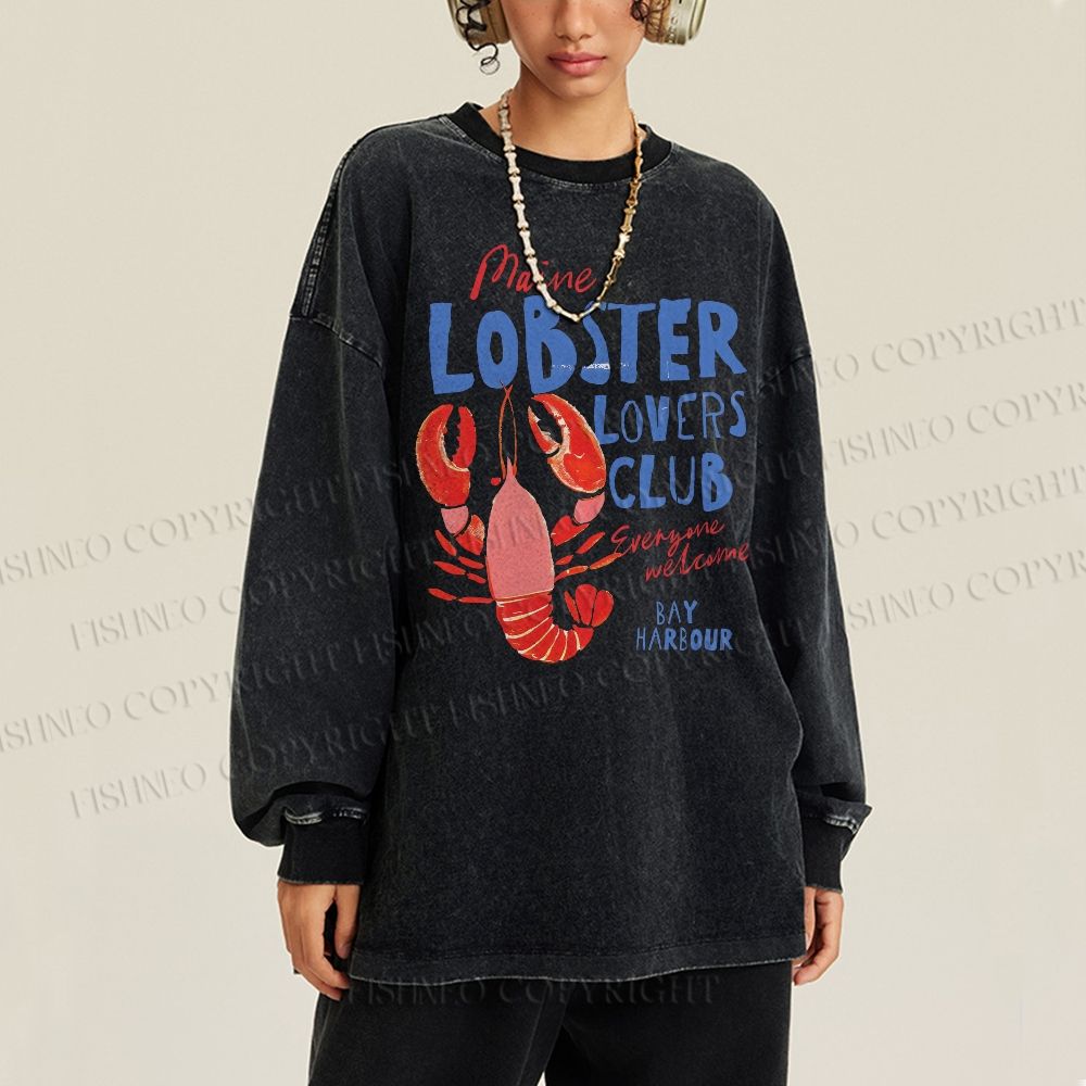 Unisex Casual Washed Maine Lobster Lovers Club Printed Long Sleeve T-shirt