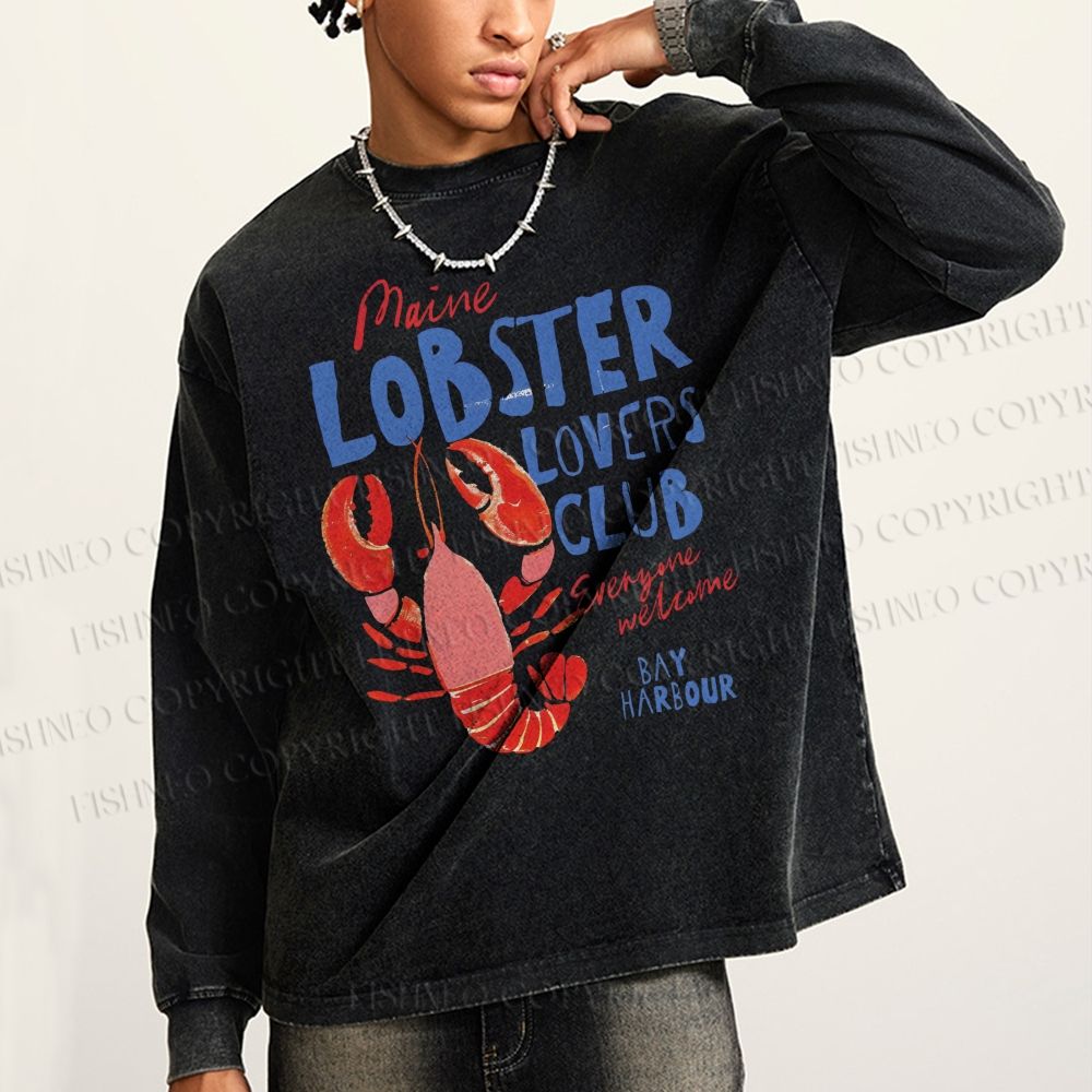 Unisex Casual Washed Maine Lobster Lovers Club Printed Long Sleeve T-shirt