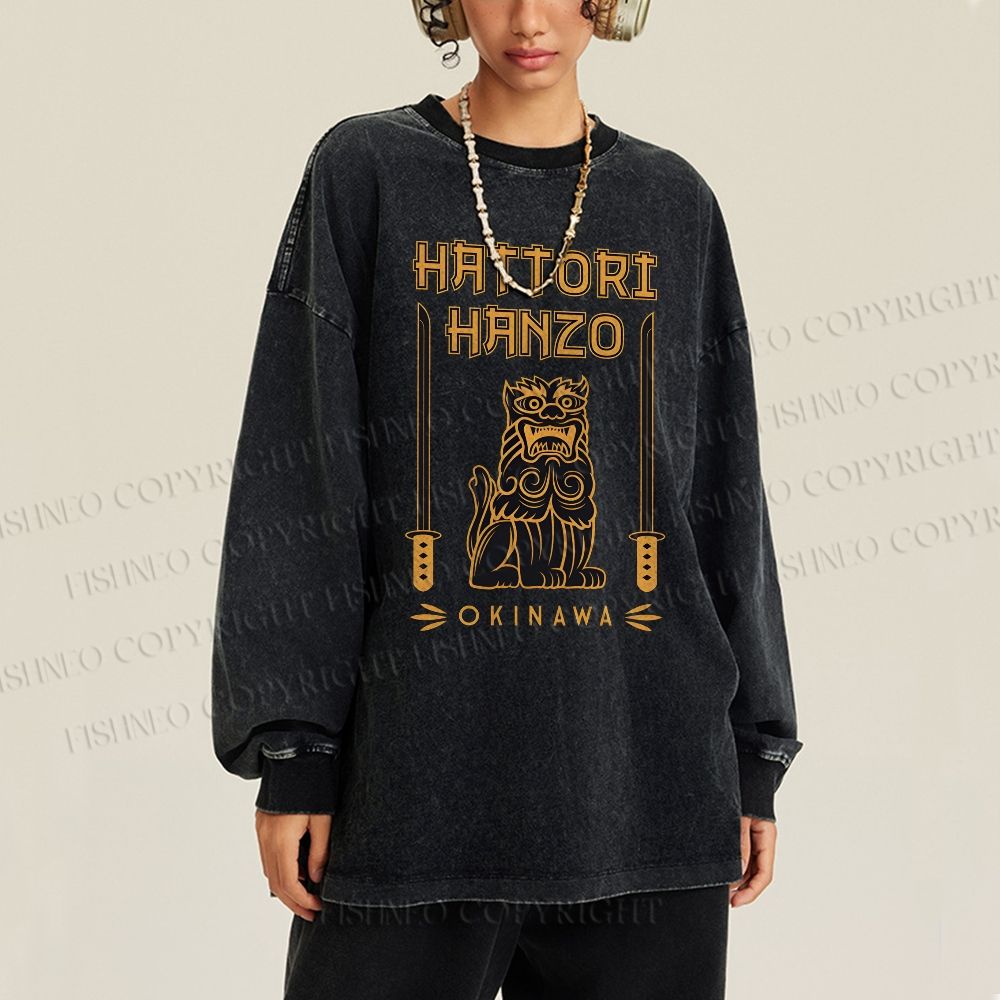 Unisex Casual Washed Hattori Hanzo Printed Long Sleeve T-shirt