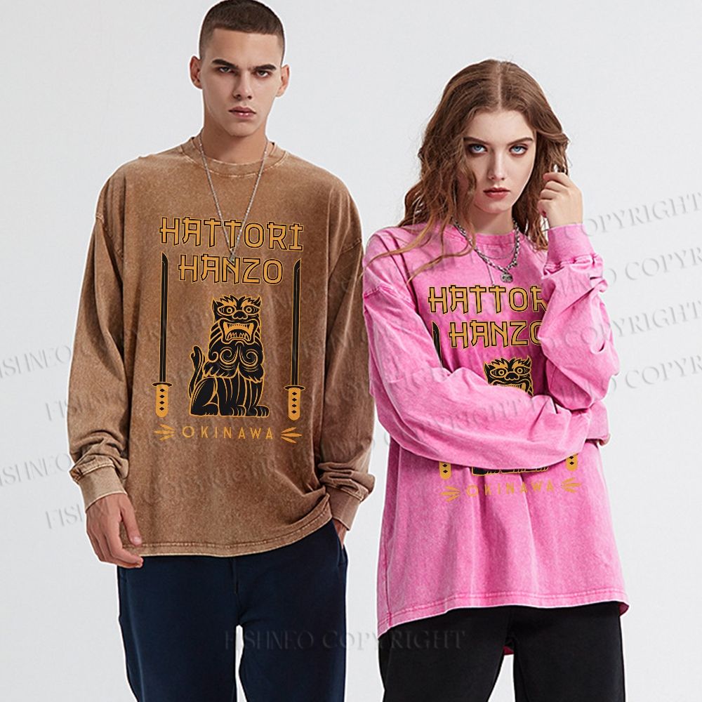 Unisex Casual Washed Hattori Hanzo Printed Long Sleeve T-shirt