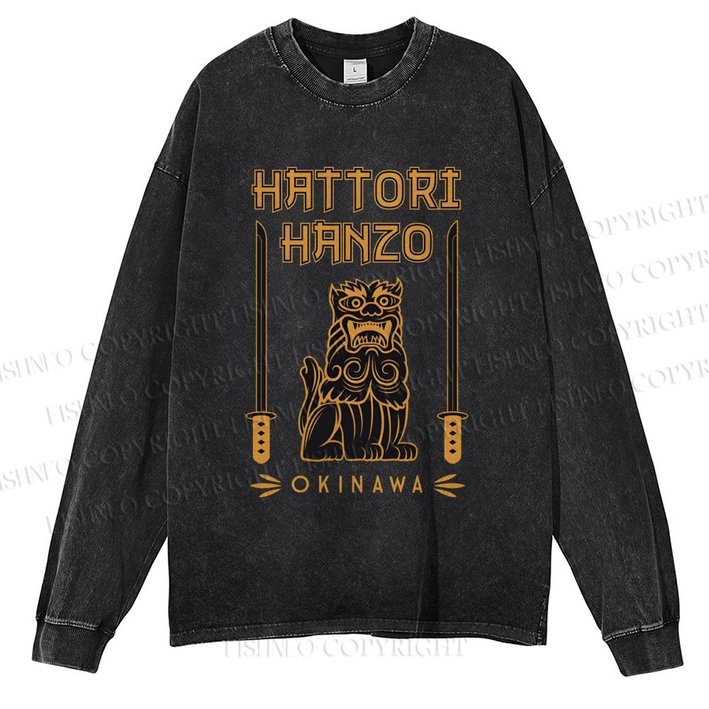 Unisex Casual Washed Hattori Hanzo Printed Long Sleeve T-shirt