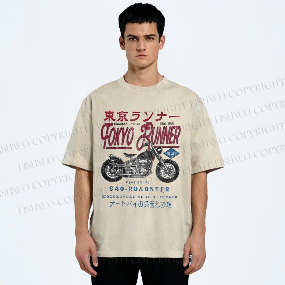 Unisex Kawasaki Motorcycle Bike Vintage Printed Washed Tee