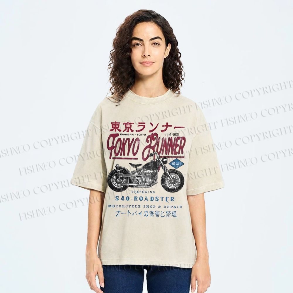 Unisex Kawasaki Motorcycle Bike Vintage Printed Washed Tee