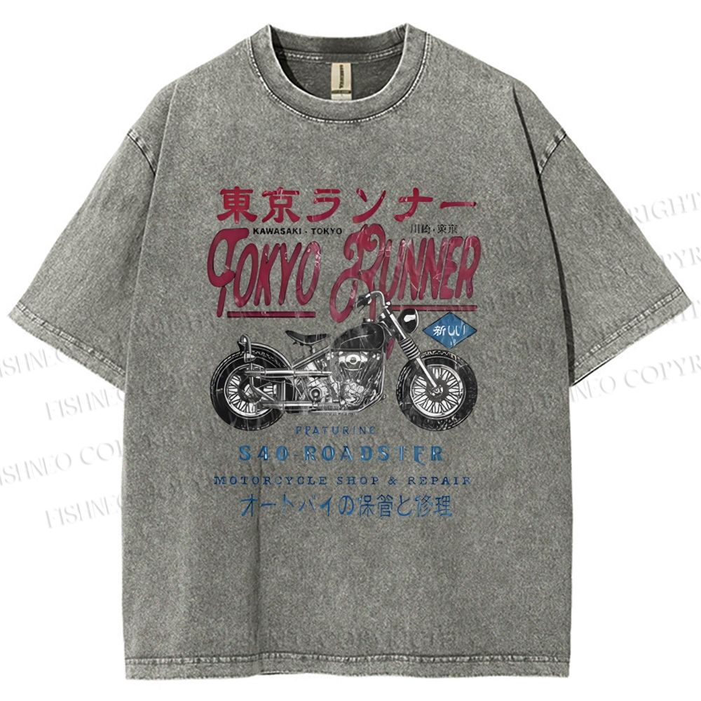 Unisex Kawasaki Motorcycle Bike Vintage Printed Washed Tee