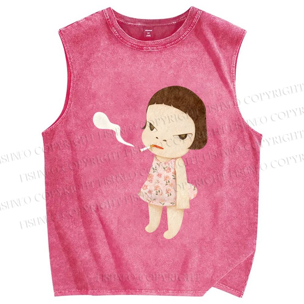 Unisex Yoshitomo Nara Smoking Girl Printed Washed Tank Top