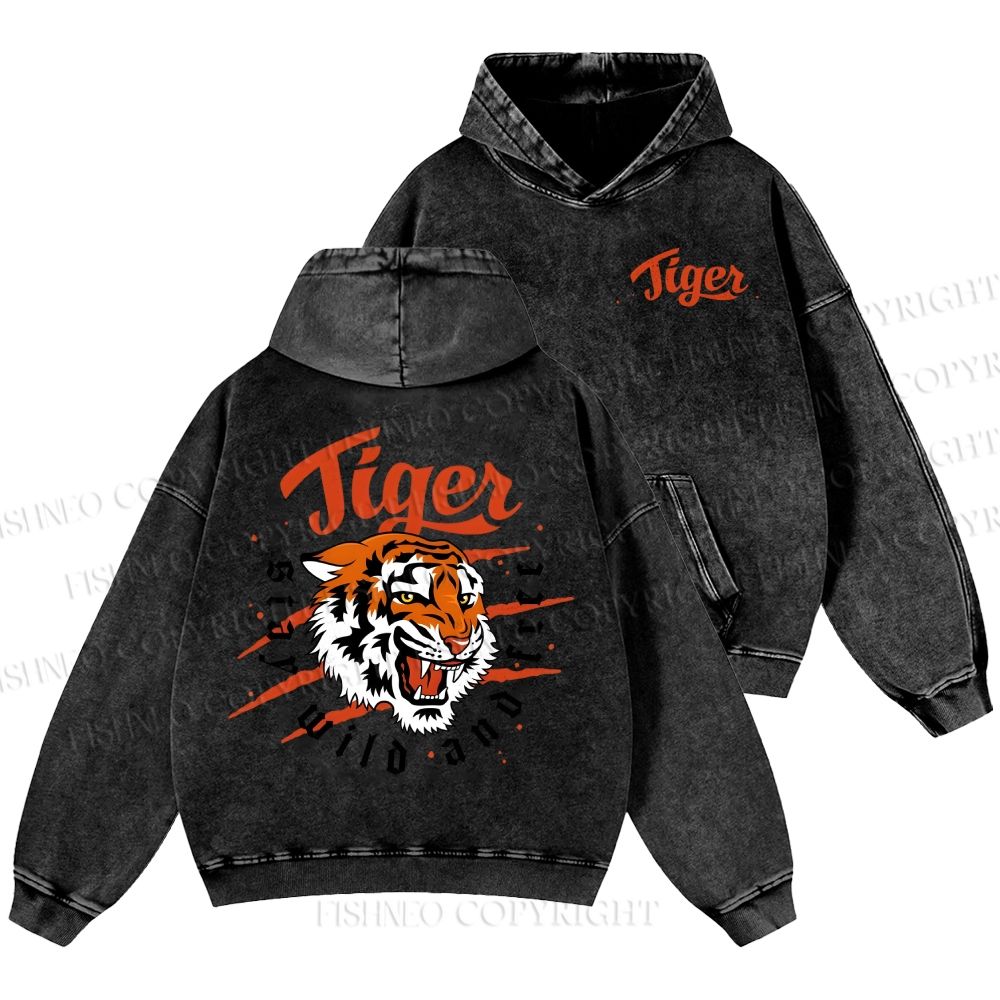Unisex Casual Tiger Printed Double-sided Washed Hoodie