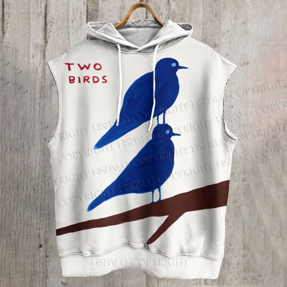 Unisex Two Birds Printed Sleeveless Hoodie