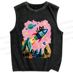 Unisex Black Cat on Rocket Printed Washed Tank Top