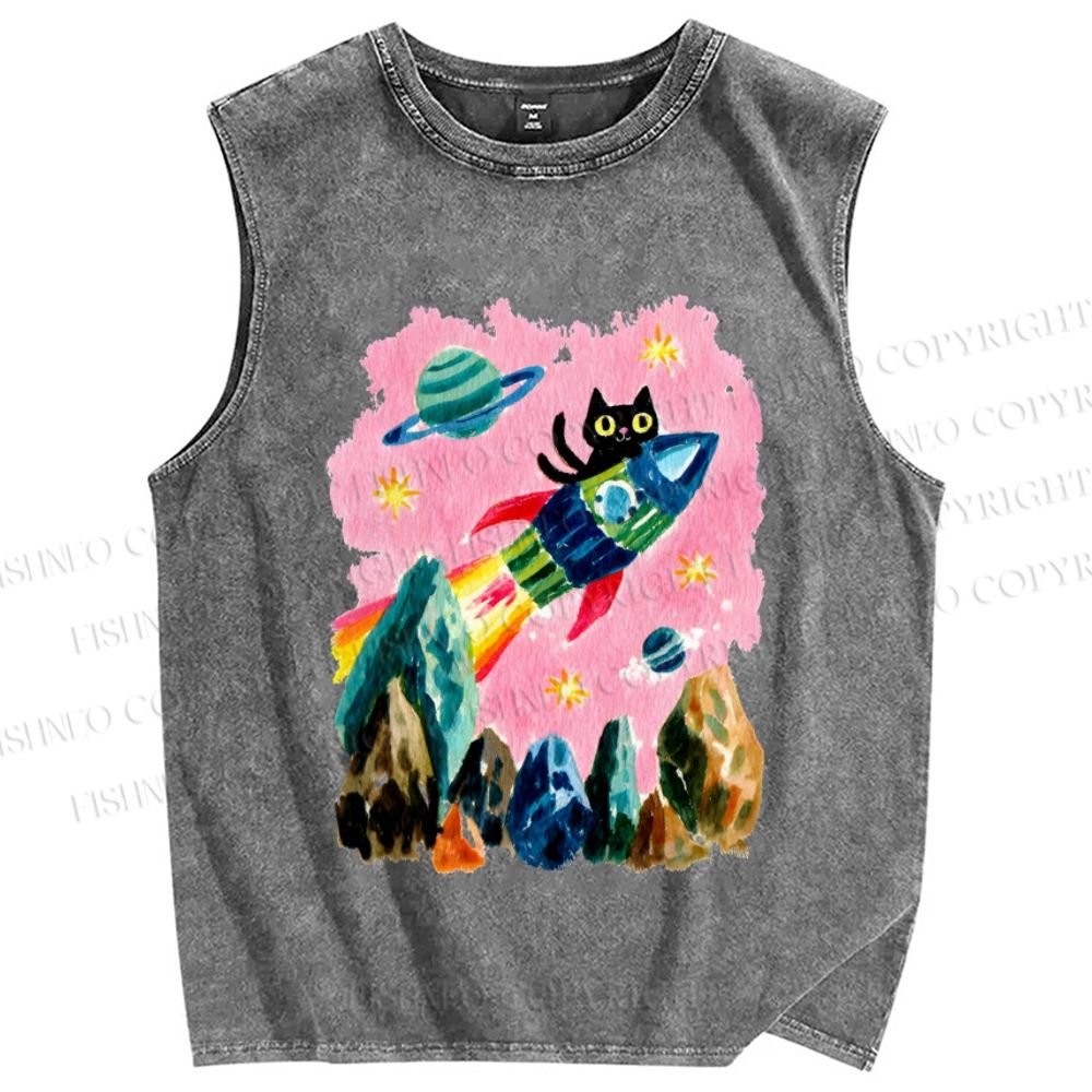 Unisex Black Cat on Rocket Printed Washed Tank Top
