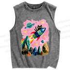 Unisex Black Cat on Rocket Printed Washed Tank Top
