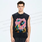 Unisex Black Cat on Rocket Printed Washed Tank Top