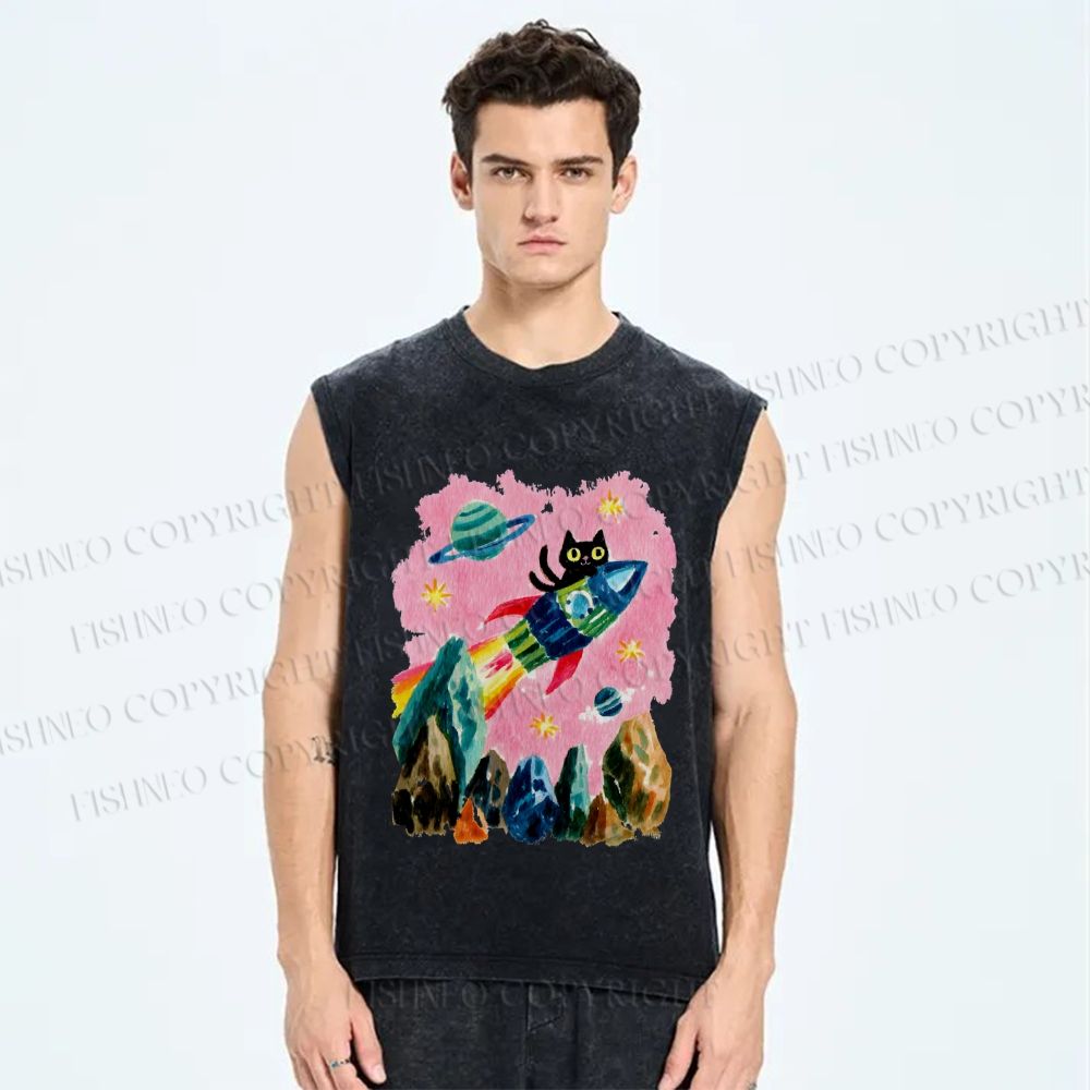 Unisex Black Cat on Rocket Printed Washed Tank Top