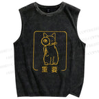 Unisex Japanese Cat Important Printed Washed Tank Top