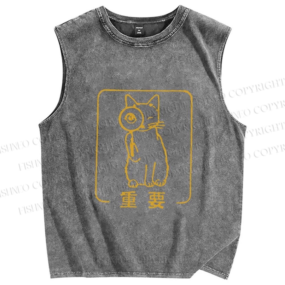 Unisex Japanese Cat Important Printed Washed Tank Top