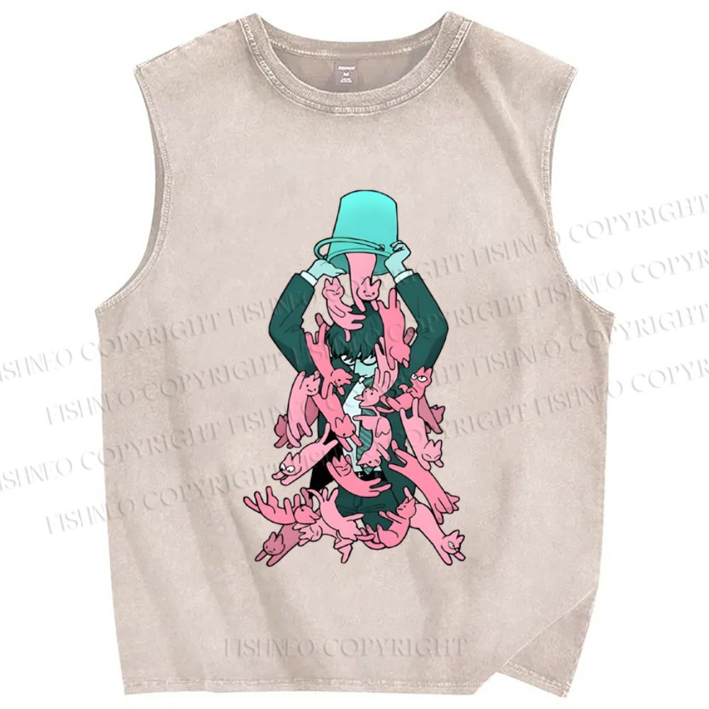 Unisex Pouring Pink Cats Printed Washed Tank Top