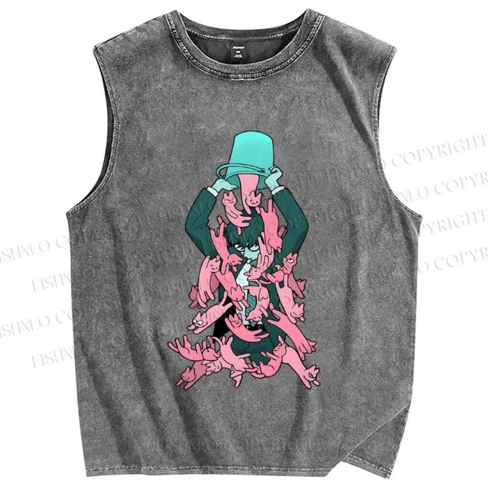 Unisex Pouring Pink Cats Printed Washed Tank Top