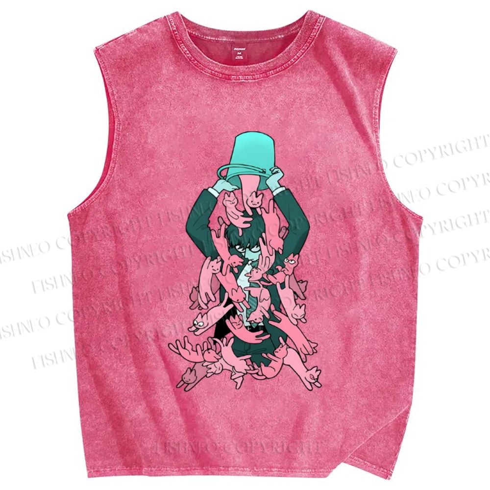 Unisex Pouring Pink Cats Printed Washed Tank Top