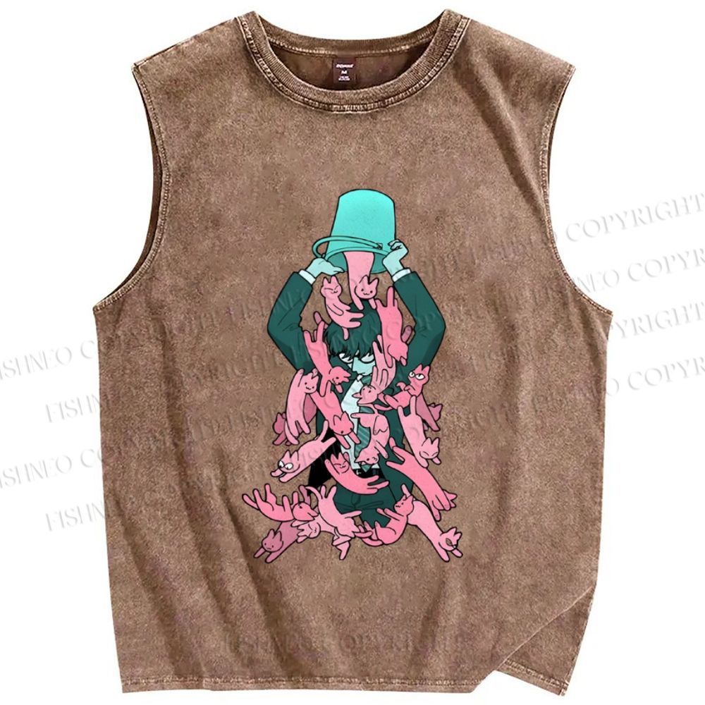 Unisex Pouring Pink Cats Printed Washed Tank Top