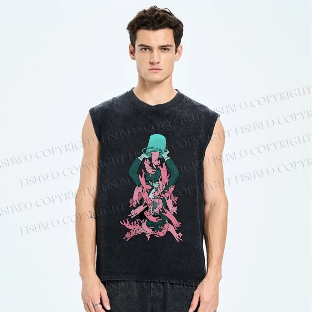 Unisex Pouring Pink Cats Printed Washed Tank Top