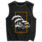 Unisex Wave Printed Washed Tank Top