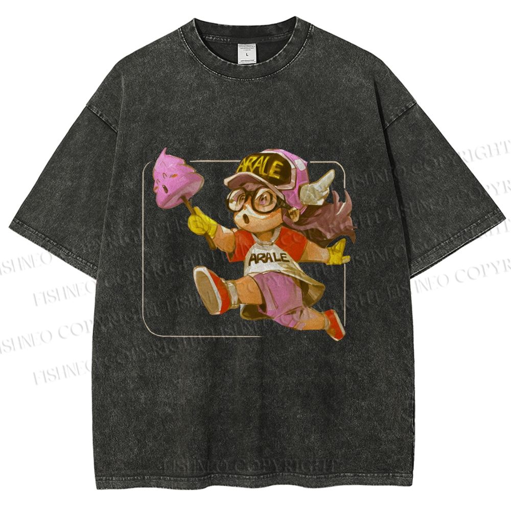Unisex Arale Norimaki Holding Unchi-kun Pink Poop Printed Washed Tee
