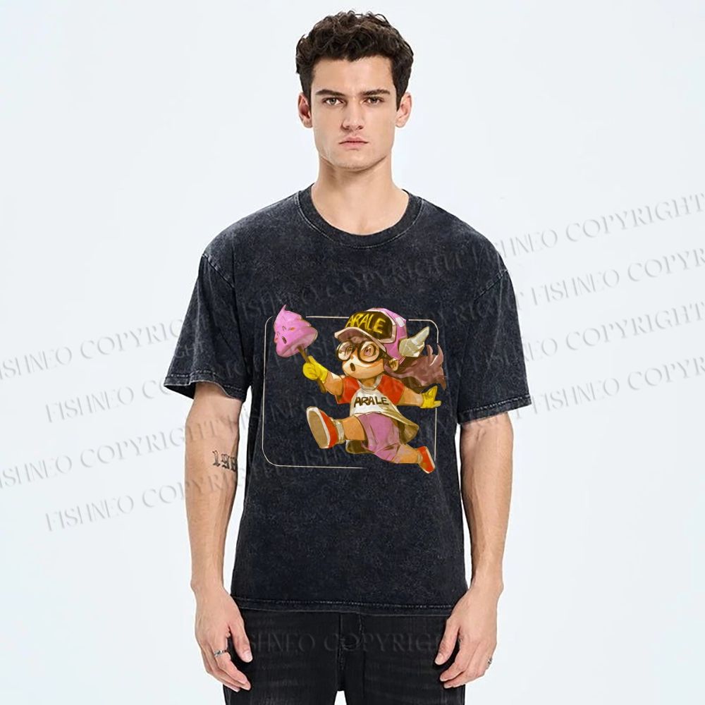 Unisex Arale Norimaki Holding Unchi-kun Pink Poop Printed Washed Tee