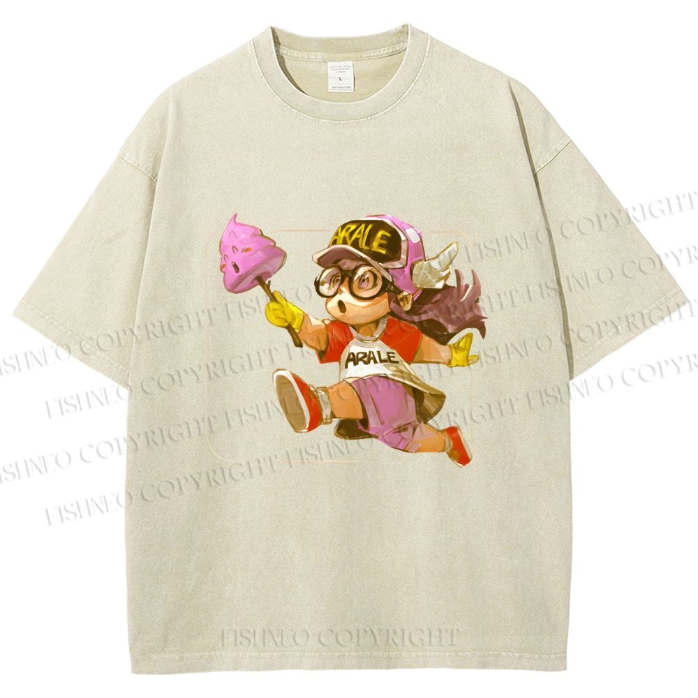 Unisex Arale Norimaki Holding Unchi-kun Pink Poop Printed Washed Tee
