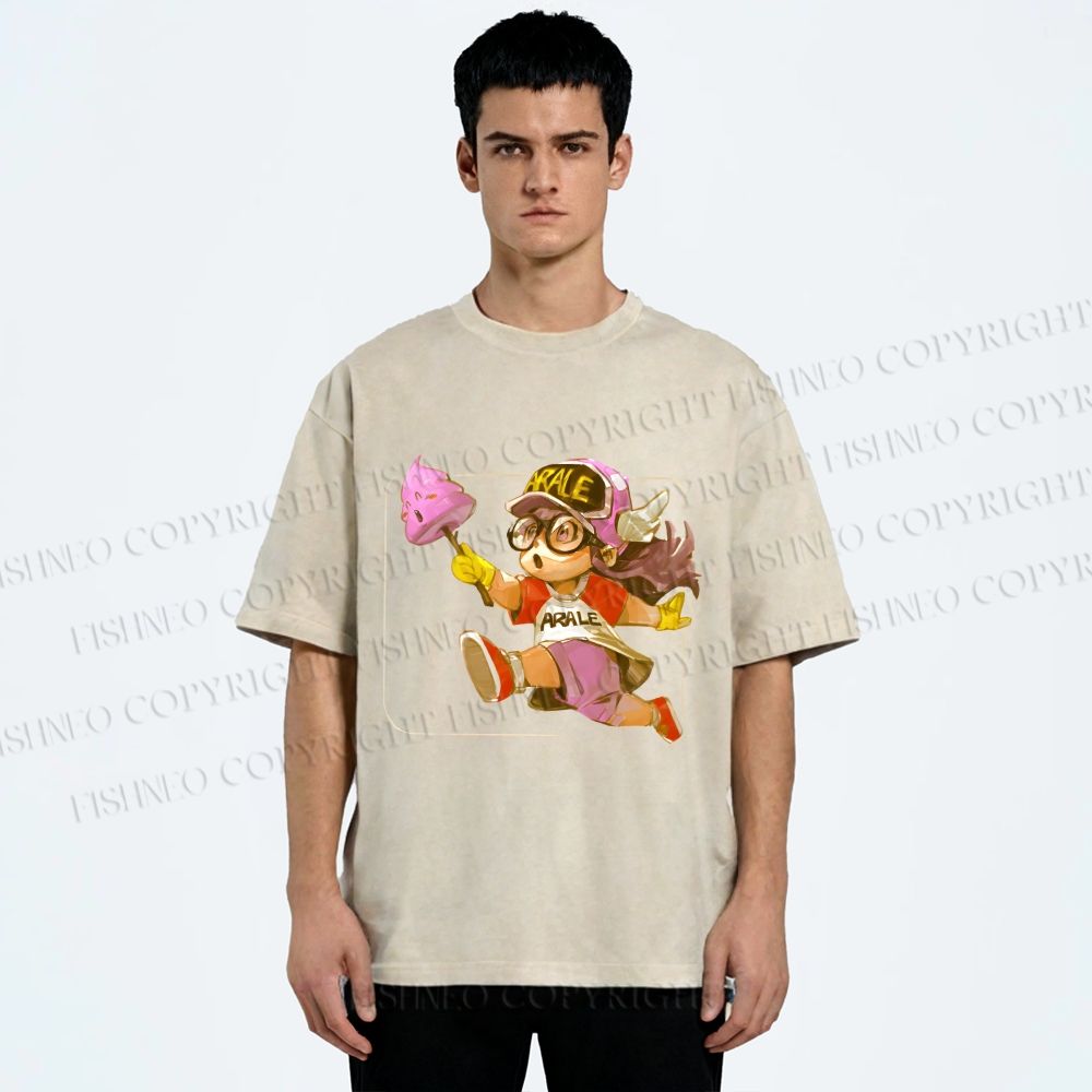 Unisex Arale Norimaki Holding Unchi-kun Pink Poop Printed Washed Tee