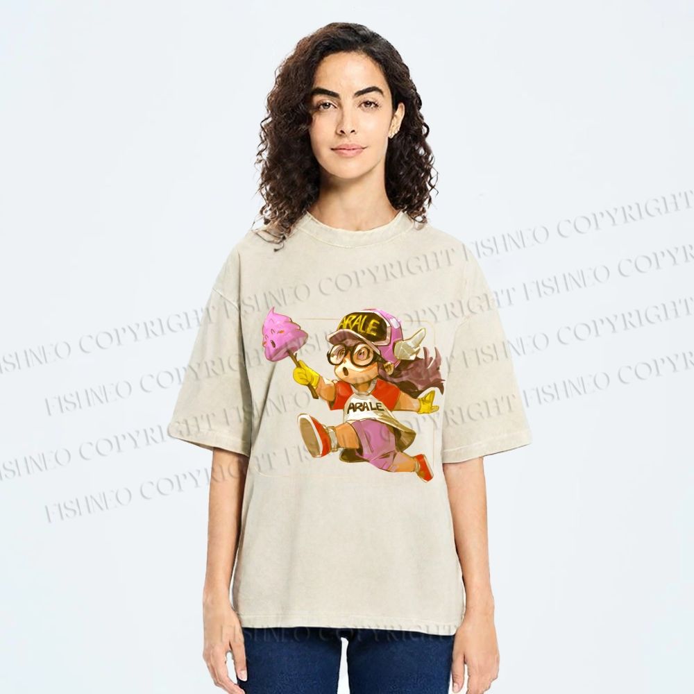 Unisex Arale Norimaki Holding Unchi-kun Pink Poop Printed Washed Tee