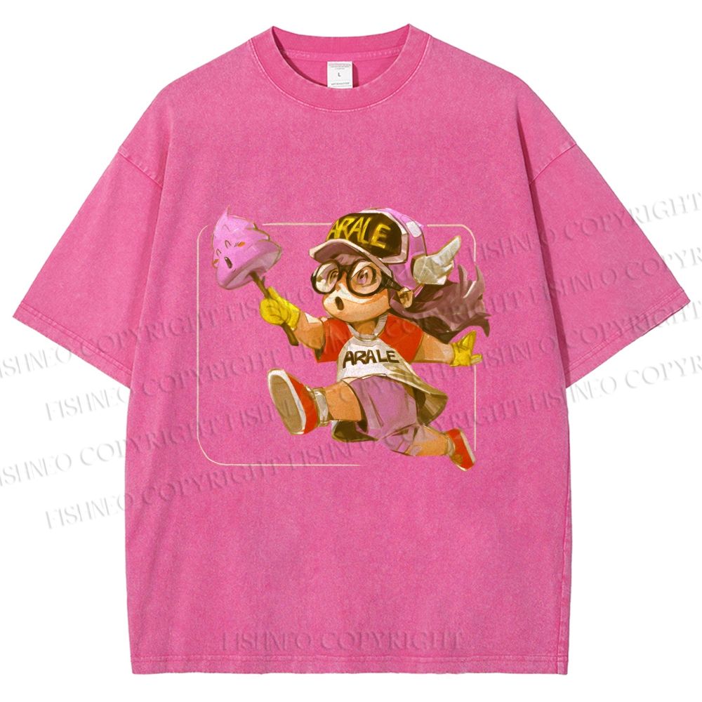 Unisex Arale Norimaki Holding Unchi-kun Pink Poop Printed Washed Tee
