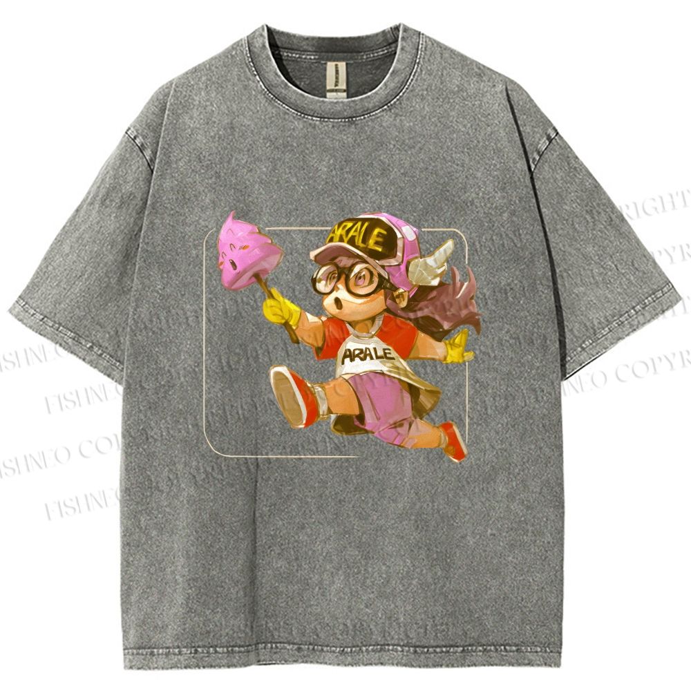Unisex Arale Norimaki Holding Unchi-kun Pink Poop Printed Washed Tee