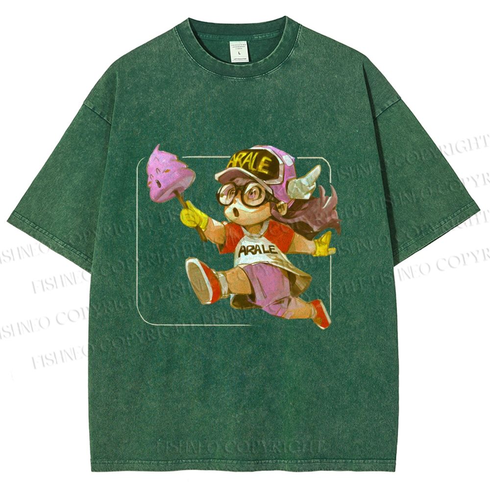 Unisex Arale Norimaki Holding Unchi-kun Pink Poop Printed Washed Tee