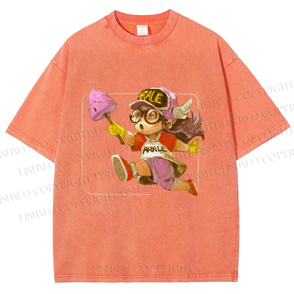 Unisex Arale Norimaki Holding Unchi-kun Pink Poop Printed Washed Tee