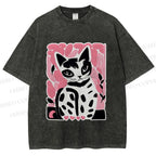 Unisex Vintage Pink Cat Printed Washed Tee