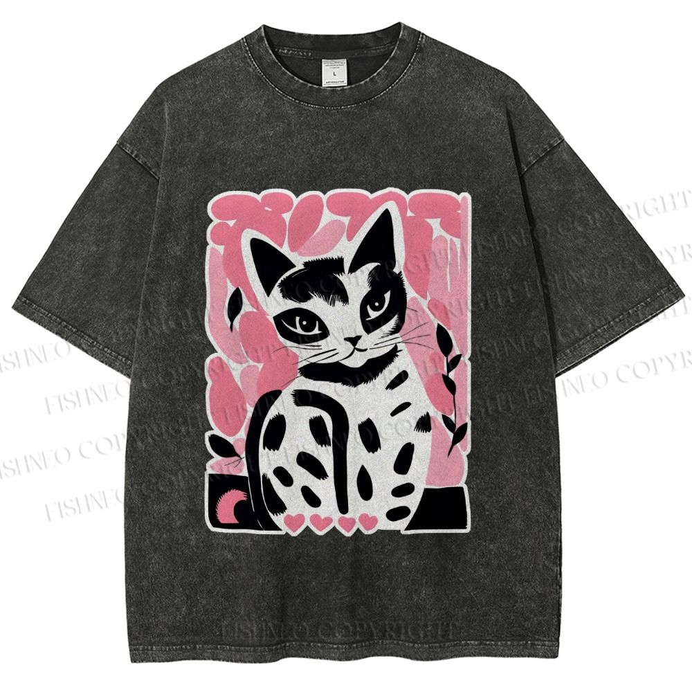 Unisex Vintage Pink Cat Printed Washed Tee