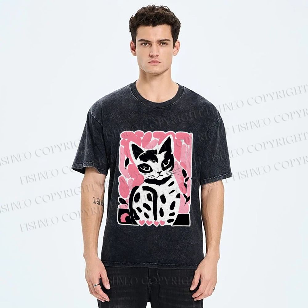 Unisex Vintage Pink Cat Printed Washed Tee