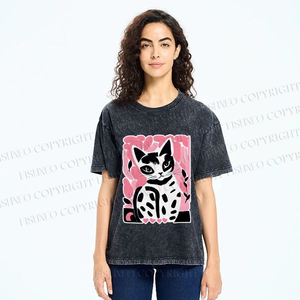 Unisex Vintage Pink Cat Printed Washed Tee