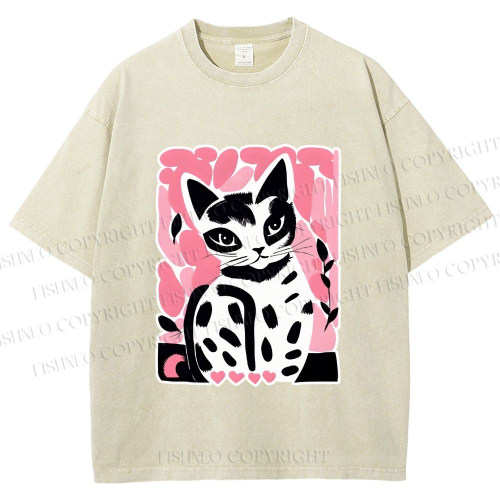 Unisex Vintage Pink Cat Printed Washed Tee