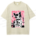 Unisex Vintage Pink Cat Printed Washed Tee