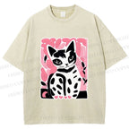 Unisex Vintage Pink Cat Printed Washed Tee