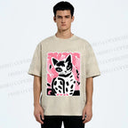 Unisex Vintage Pink Cat Printed Washed Tee