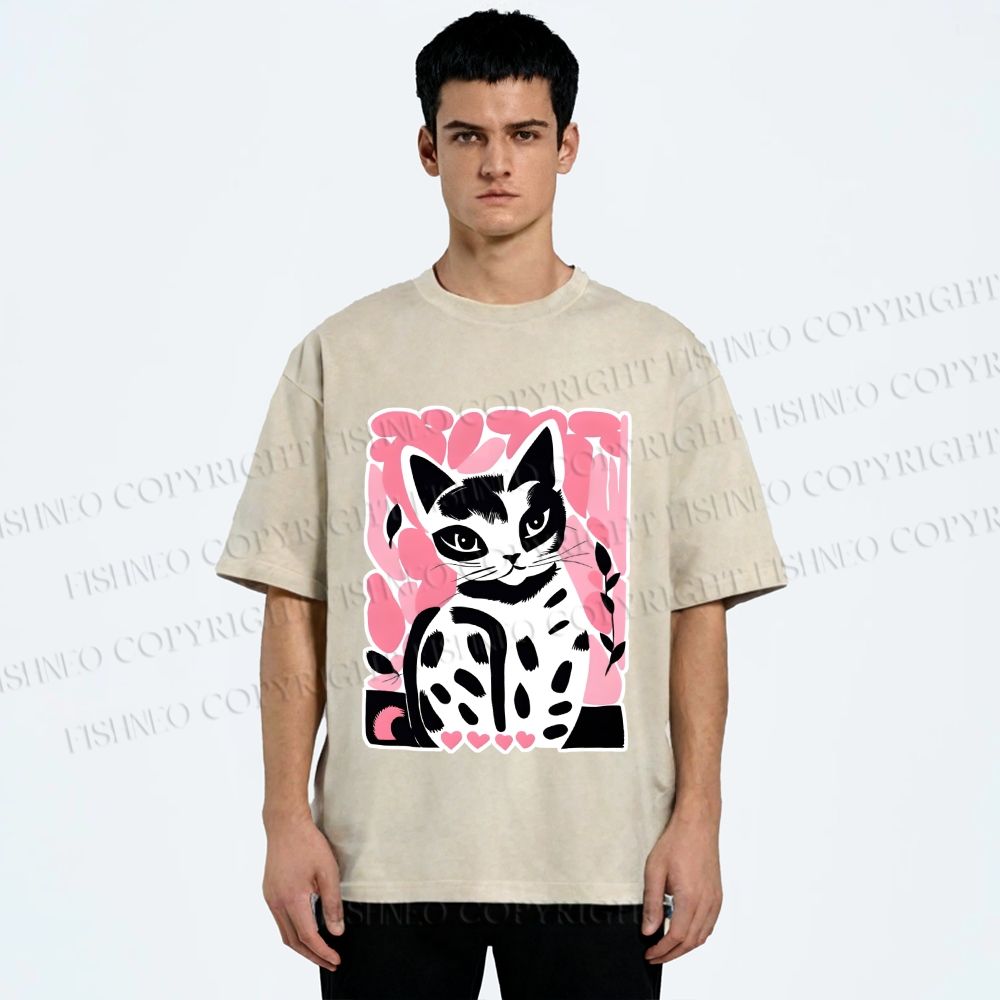 Unisex Vintage Pink Cat Printed Washed Tee